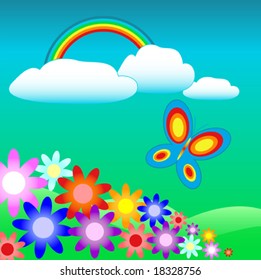colorful landscape with flowers, butterfly and rainbow