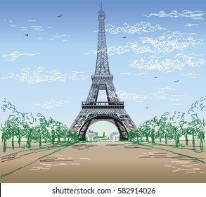 Colorful Landscape with hand drawing Eiffel tower vector illustration