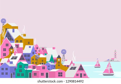 Colorful landscape and houses in the Scandinavian style background. Editable vector illustration