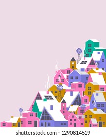 Colorful landscape and houses in the Scandinavian style background. Editable vector illustration