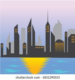 Colorful landscape illustration of buildings, city and sea, night, flat background.Vector design