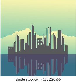 colorful landscape illustration  of buildings  city and sea  night  flat background.Vector design