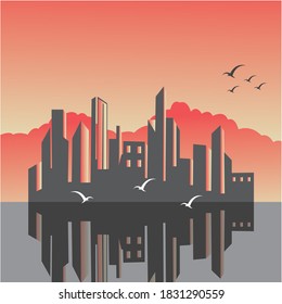 colorful landscape illustration  of buildings  city and sea  night  flat background.Vector design