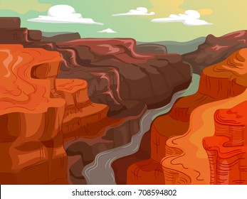 Bunte Landschaftsbild-Illustration mit einem Fluss, der zwischen großen Canyons fließt