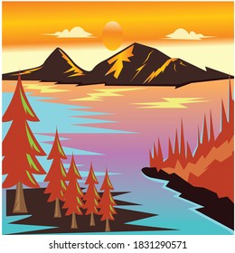 colorful landscape illustration of mountains and sea, flat background plant, vector design