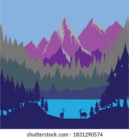 colorful landscape illustration of mountains and sea, flat background plant, vector design