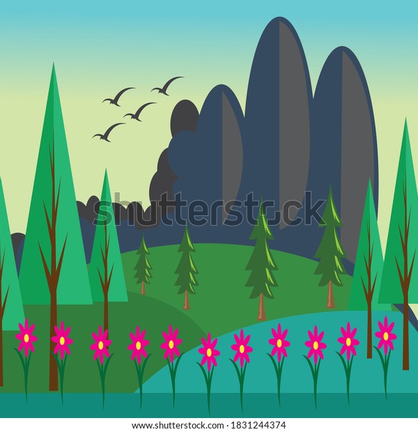 山と海 植物の庭の平らな背景にカラフルな風景イラスト ベクター画像デザイン のベクター画像素材 ロイヤリティフリー 山と海 植物の庭の平らな背景にカラフルな風景イラスト ベクター画像デザイン のベクター画像素材 ロイヤリティフリー