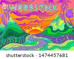 Colorful landscape with inscription Woodstock, and landscape with mountains, the sun and the road going into the sunset. Vector hand drawn illustrations. Doodle cartoon style. Fantasy psychedelic art.