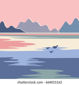 Colorful landscape with lake and ducks swimming at the sunset. Vector illustration