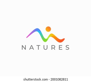 Colorful landscape logo design. Vibrant mountain line with sun vector design. Many-coloured nature logotype