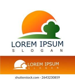 Colorful landscape logo featuring an orange sun, green hill, and tree silhouette. Ideal for eco, farming, nature, agriculture, or environmental brands