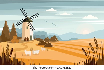 Paisaje colorido con molino. Granja, agricultura. Ilustración vectorial