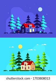 Colorful landscape with modern country house and pine trees. Forest house, Summer house, Country lifestyle concept banner design. Flat style vector illustration.