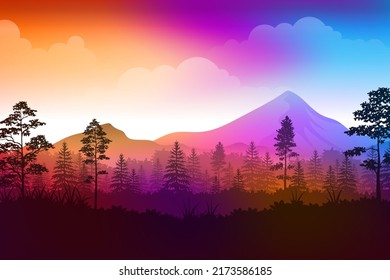 Colorful landscape mountain and forest with bright colors of sky and sunlight during sunset or sunrise