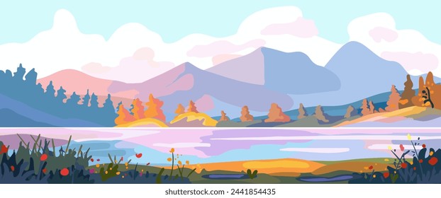 Colorful landscape with a mountain lake. Sunset in the mountains. River bank. Camping site. Template for banner, invitation and tourism advertising. Postcards and invitations to the warm season resort