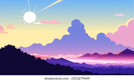 Colorful landscape with mountains and clouds in the background and a sun in the sky above it with a bright pink and blue hue, a matte painting. Cartoon anime background.