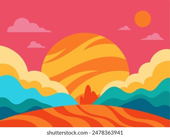 A colorful landscape with mountains, clouds, and the sun in the sky