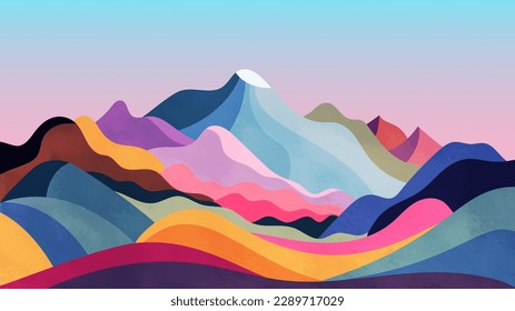 Colorful landscape with colorful mountains, hills and fields. 