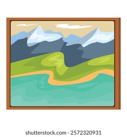 Colorful landscape painting in a wooden frame, featuring snow capped mountains, lush green hills, and a serene blue lake