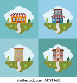 colorful landscape with set of country houses scenes vector illustration