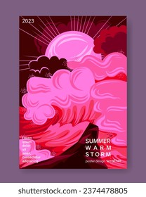 Colorful Landscape with Storm, Sunset and Ocean Waves. Vector illustration. Background for poster, banner or flyer