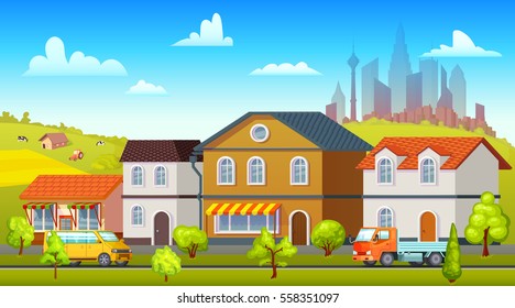 Colorful landscape template with suburban buildings green trees farm cityscape truck and bus on road vector illustration