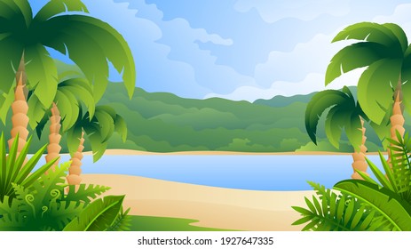 Colorful landscape of tropical island. View from beach to water and jungle on the other side.