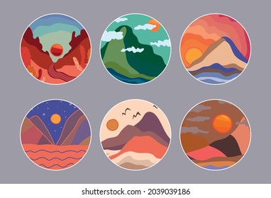 Colorful landscapes icons set. Vector illustration. Doodle style illustration. Bright icons for social networks. Landscape in a circle.