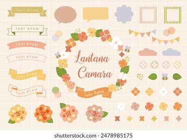 Colorful Lantana Camara flower vector elements including frames, speech bubbles, labels and badges inspired by the beautiful Lantana Camara flower petals and leaves, on white striped beige background.