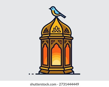 A colorful lantern with a bird perched on top