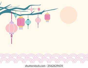 Colorful lantern hanging from a branch under the sunset background for card 