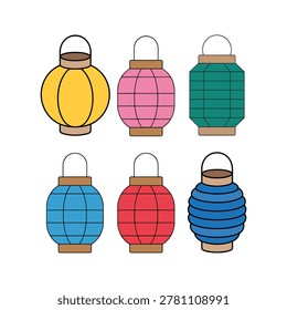 Colorful lanterns in different shapes and sizes on white background hanging lanterns paper lanterns chinese lanterns