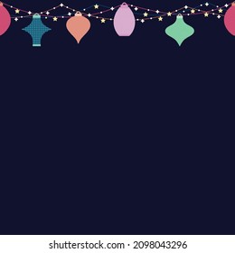 Colorful Lanterns Hanging on Strings. Vector Seamless Border. Seamless Background with Lanterns, Star Embellishments and Lights. For New year, Diwali, Ramadan, and other Festivals.