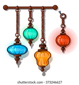 Colorful lanterns on chains. Vector.