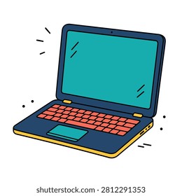 Colorful laptop computer illustration with open screen keyboard and modern digital work styling for technology poster sticker editorial and gadget design