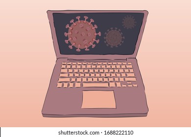 colorful laptop with coronavirus image on the screen