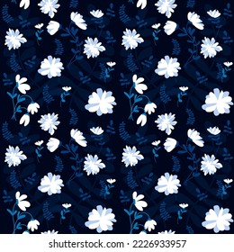 Colorido vector floral a gran escala, patrón sin fisuras sobre fondo azul oscuro. Flores de jardín estilizadas a mano. Flores sobredimensionadas e impresión foliage.