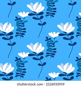 Colorido vector floral a gran escala, patrón sin fisuras sobre fondo azul oscuro. Flores de jardín estilizadas a mano. Flores sobredimensionadas e impresión foliage.