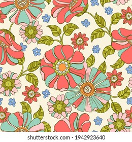 Colorful Large Scale Hand-Drawn Floral Vector Seamless Pattern. Retro 70s Style Nostalgic Fashion Textile Bold Background. Summer Resort Print. Daisies. Flower Power