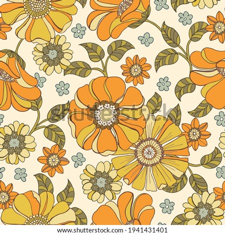 Colorful Large Scale Hand-Drawn Floral Vector Seamless Pattern. Retro 70s Style Nostalgic Fashion Textile Bold Background. Summer Resort Print. Daisies. Flower Power