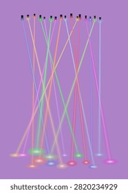 Colorful laser light beams on purple background, vibrant stage spotlights and neon rays, glowing theatrical lighting effects for concert and party