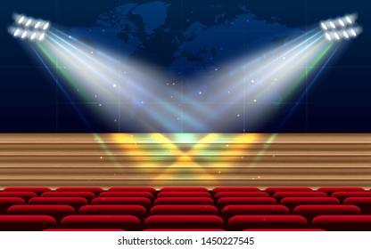 colorful laser light and spotlight on the wooden stage in the hall