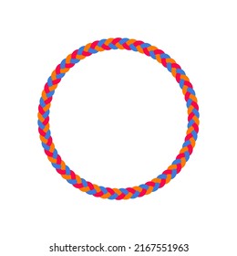 Colorful Lasso Rope Circle On A White Background Vector Illustration. Clipart Of Circular Braided Rope Frame. Red, Blue, And Mustard Yellow Colors Realistic Rope Round Border.