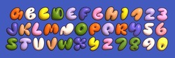 Alfabeto Latino 3D Colorido Con Letras Gruesas Y Aireadas. Fuente Con Números Inflados Figuras En Un Estilo Infantil De Dibujos Animados.	
