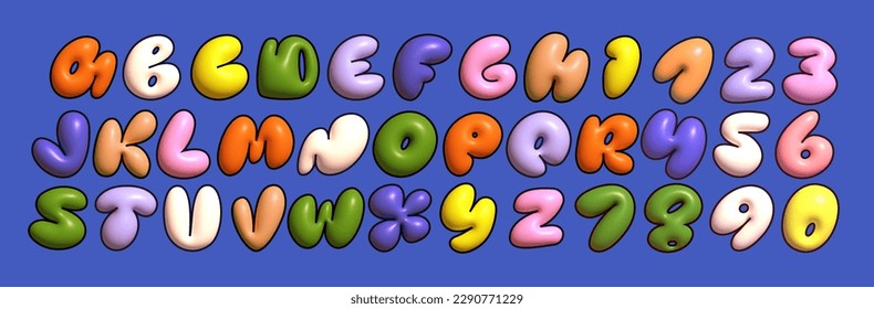 Colorful Latin 3D alphabet with airy thick letters. Font with numbers inflated figures in a cartoon children's style.	
 svg