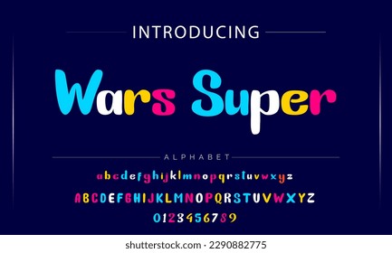 Colorful Latin 3D alphabet with airy thick letters. Font with numbers inflated figures in a cartoon children's style.