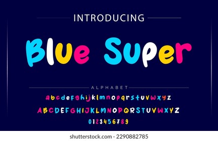 Colorful Latin 3D alphabet with airy thick letters. Font with numbers inflated figures in a cartoon children's style.