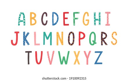 Colorful Latin letters of English alphabet for kids education. ABC font in cute doodle scandinavian style. Colored flat vector illustration isolated on white background