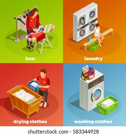 Colorful laundry ironing drying washing and cleaning clothes 2x2 isometric composition isolated vector illustration