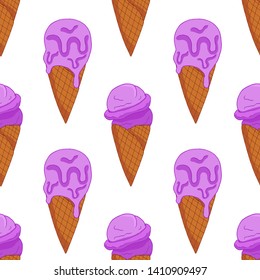 Colorful Lavander cone ice cream pattern on white background. Summer card design. Vector cartoon illustration.